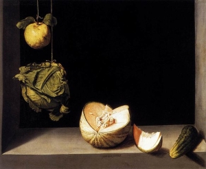 Quince, cabbage, melon and cucumber. Juan Sánchez Cotán. 1602