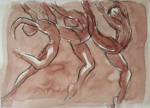 Repeated motif of dancers. Ink and compressed charcoal